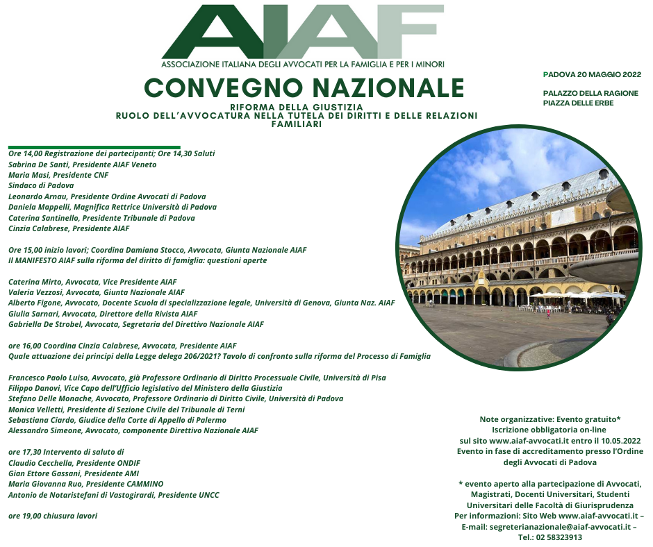 Convegno Nazionale AIAF ed Assemblea Generale dei Soci, gli appuntamenti del 20 e 21 maggio